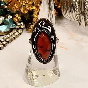 Vintage Artisan Oval Red Amber Scroll Design Sterling Silver Ring SZ 7